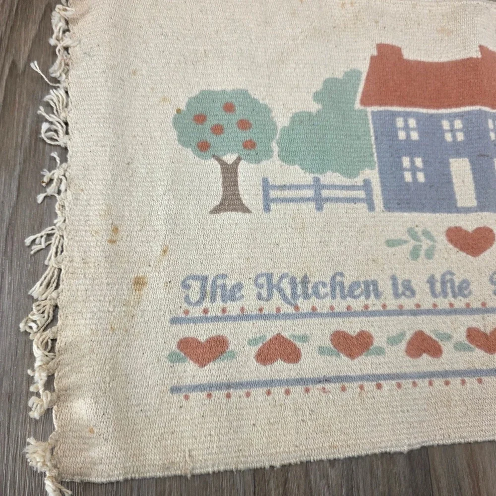 Vintage Country Folk Art Woven Placemats‎ Set 4 Saltbox House Heart Sampler Blue